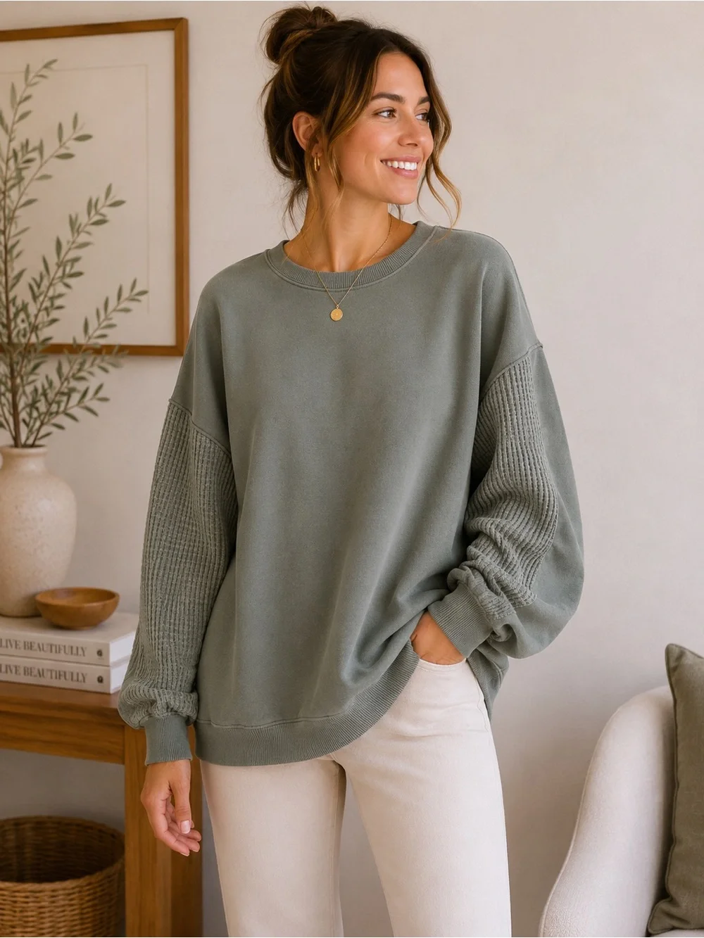 Aerie Cozy green Sage Green Knit Sleeve Sweatshirt size small - Picture 1 of 11
